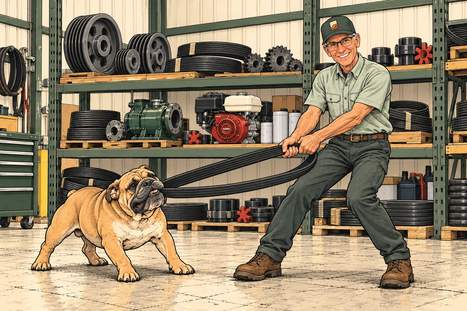 Allen and Bernie the bulldog playing tug-of-war with a powerband in the shop, with sheaves, sprockets, couplings, a pump and an engine on shelves behind them.