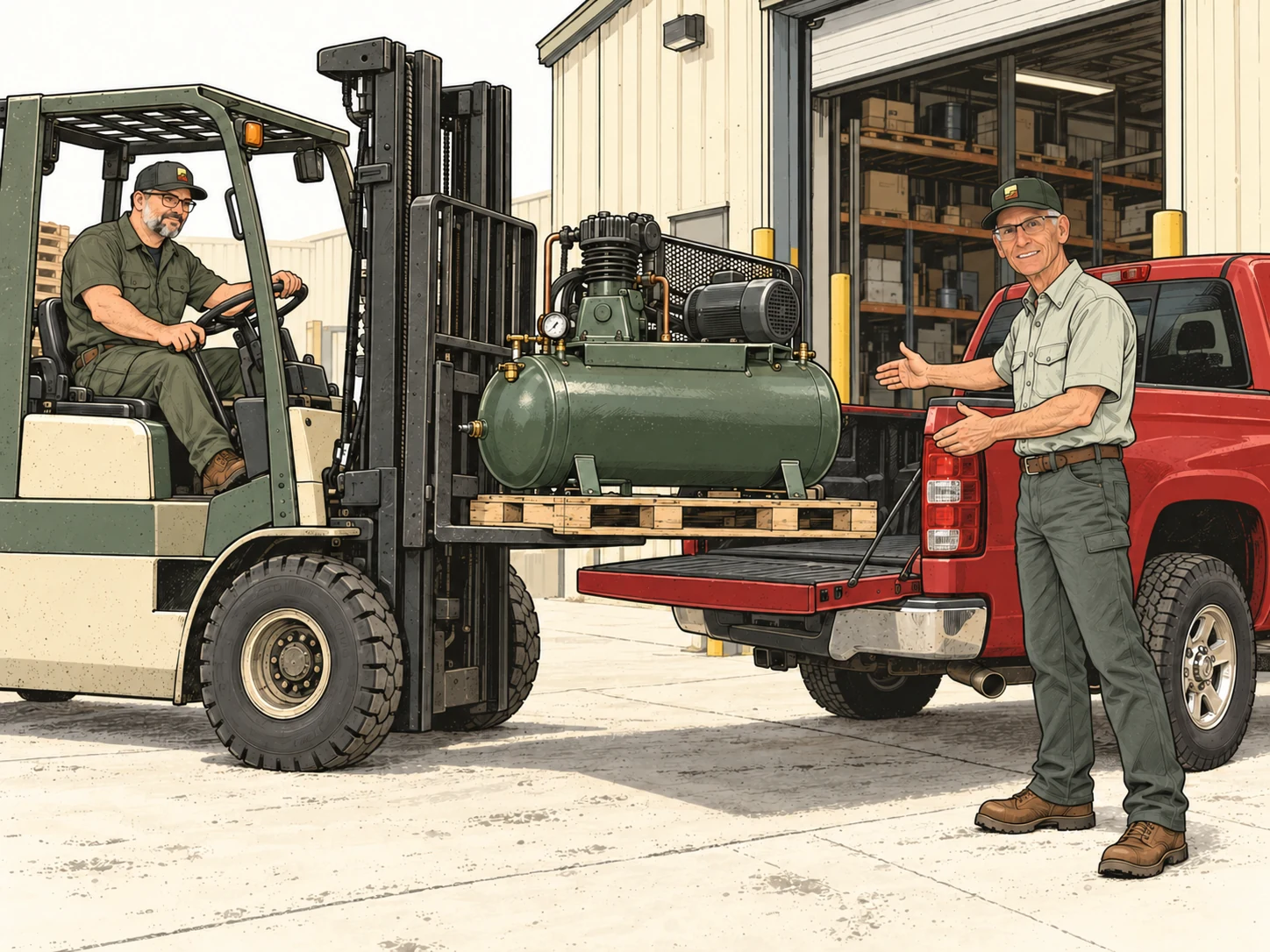 Allen beside a pallet-mounted air compressor as Nathan operates a forklift to load it into a red pickup with its tailgate down.