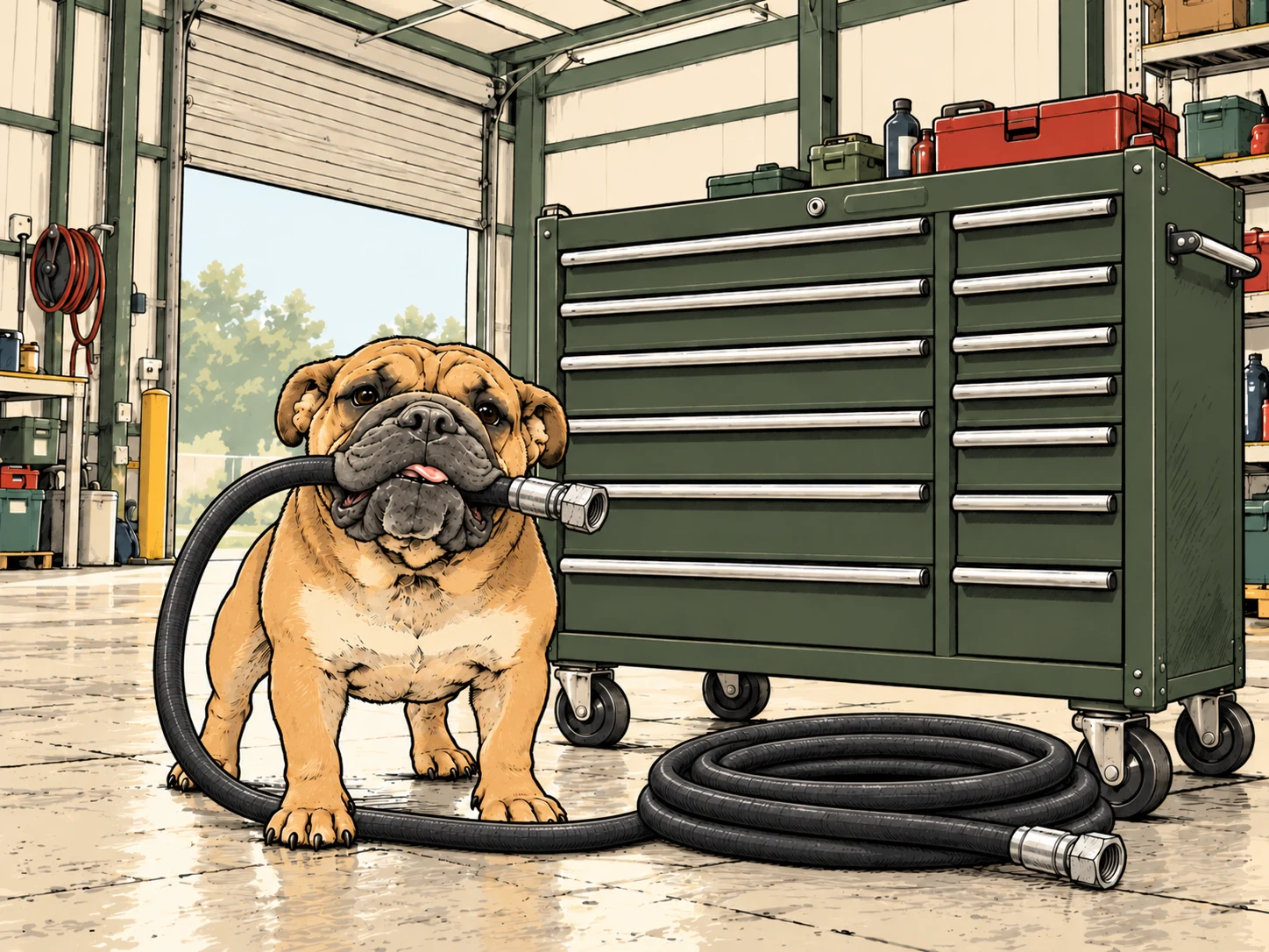 Bernie the bulldog holding a hydraulic hose beside a coiled hose and a wide sage tool chest in the shop.