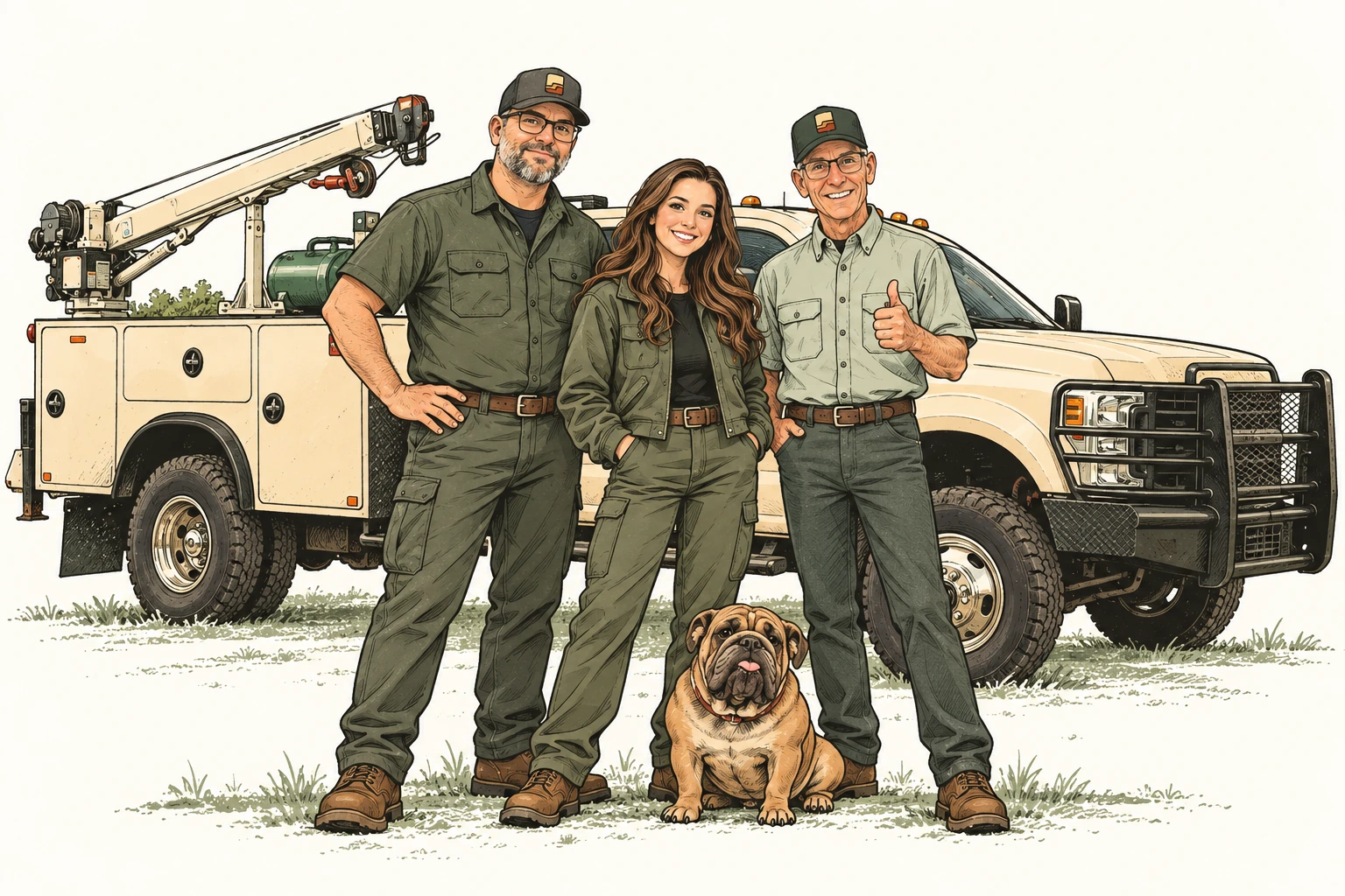 Nathan, Anna and Allen with Bernie the bulldog in front of a tan Flatland service truck.