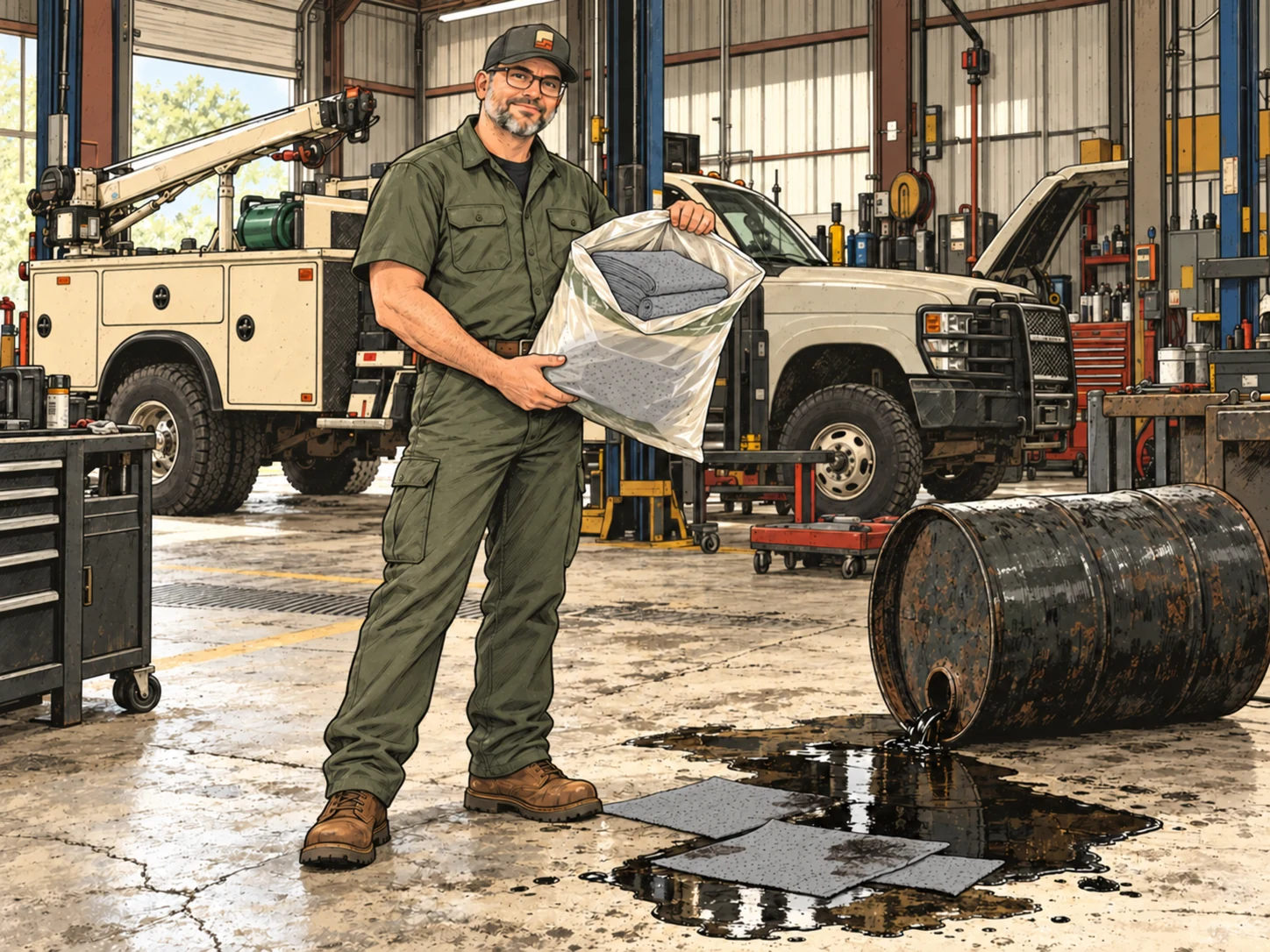 Nathan holding a bag of gray absorbent mats beside an overturned oil barrel and spill, with work trucks in the shop behind him.